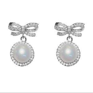 3/$30 Simulated Pearl Silver Bow Zircon Earrings